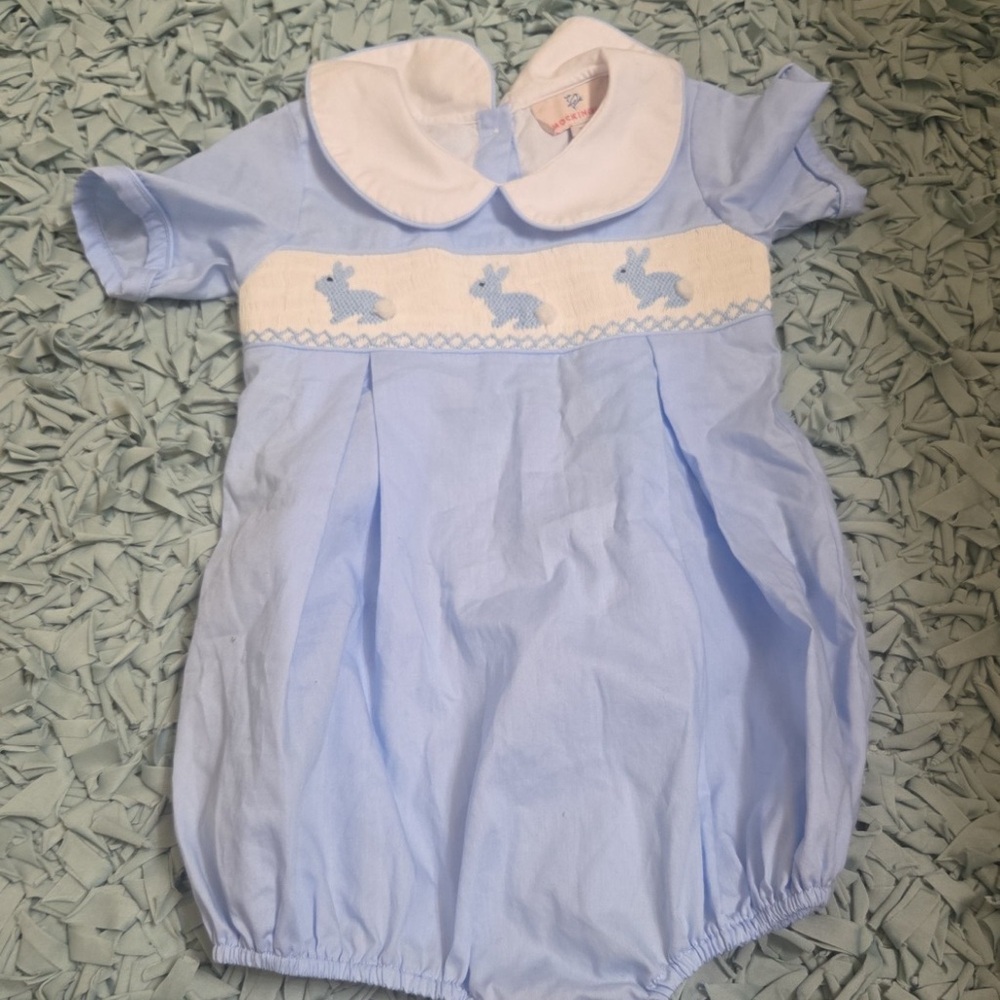Blue Baby Bubble Romper with Bunny Smocking